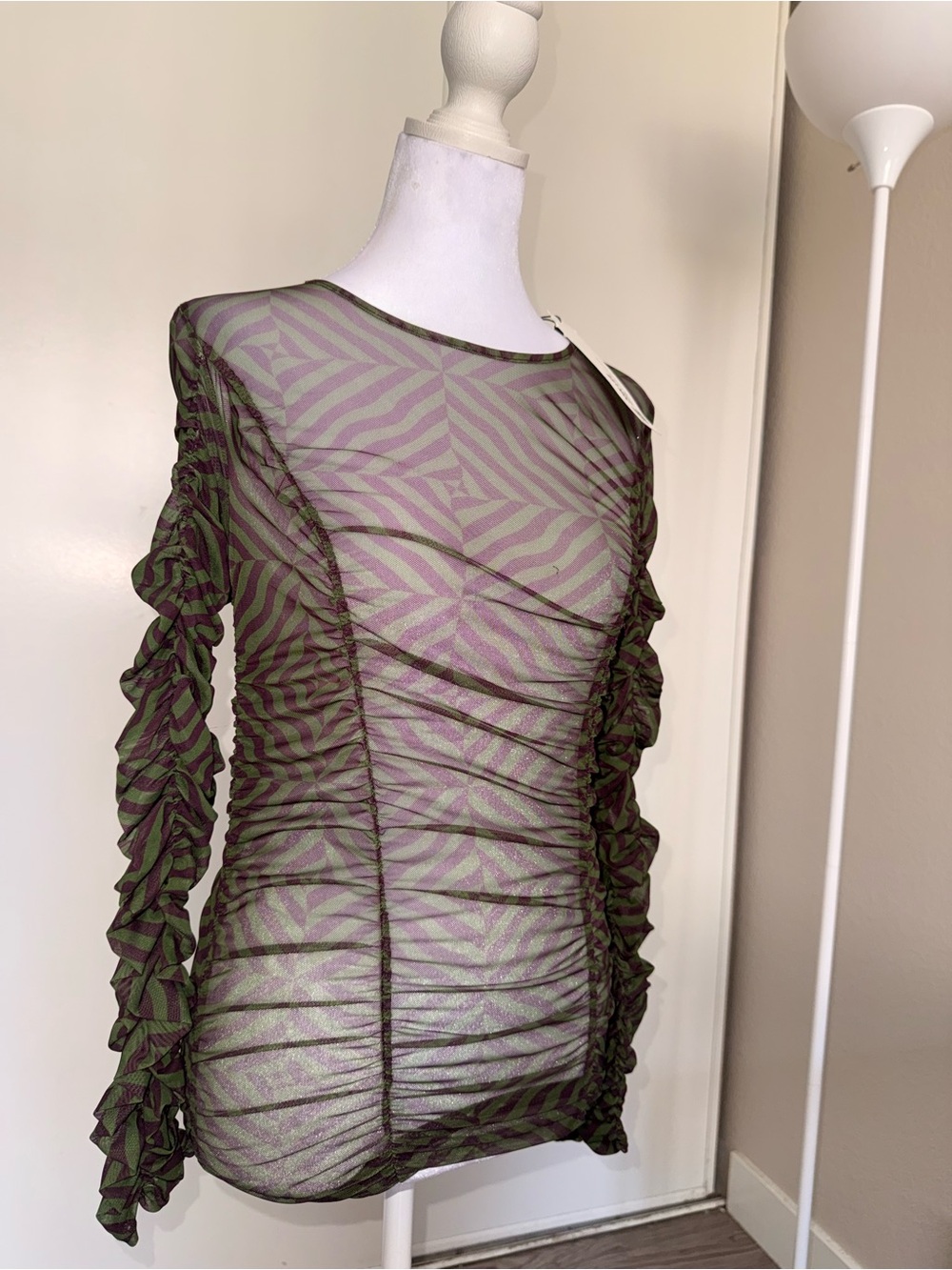 152. Ruched Long-Sleeve Mesh Top - Olive Green - Picture 3 of 4